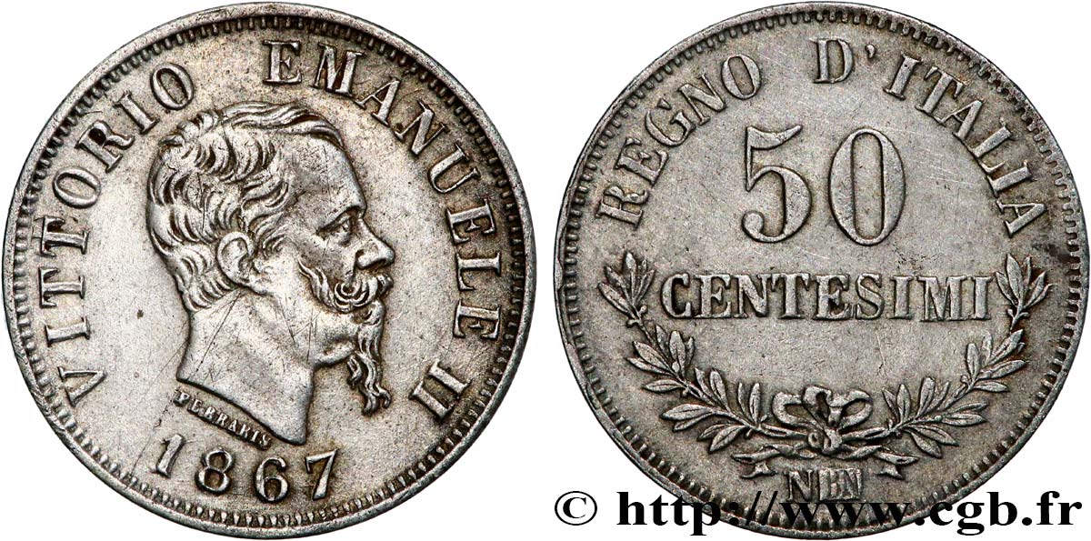 ITALY 50 Centesimi Victor Emmanuel II 1867 Naples XF 