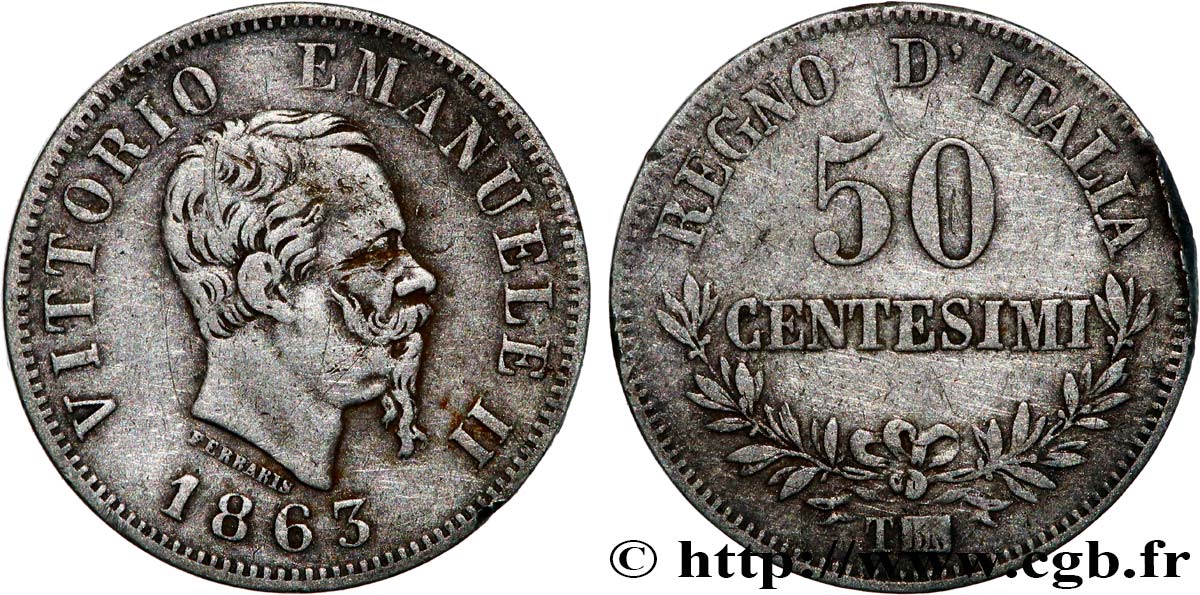 ITALIE 50 Centesimi Victor Emmanuel II 1863 Turin - T TTB 