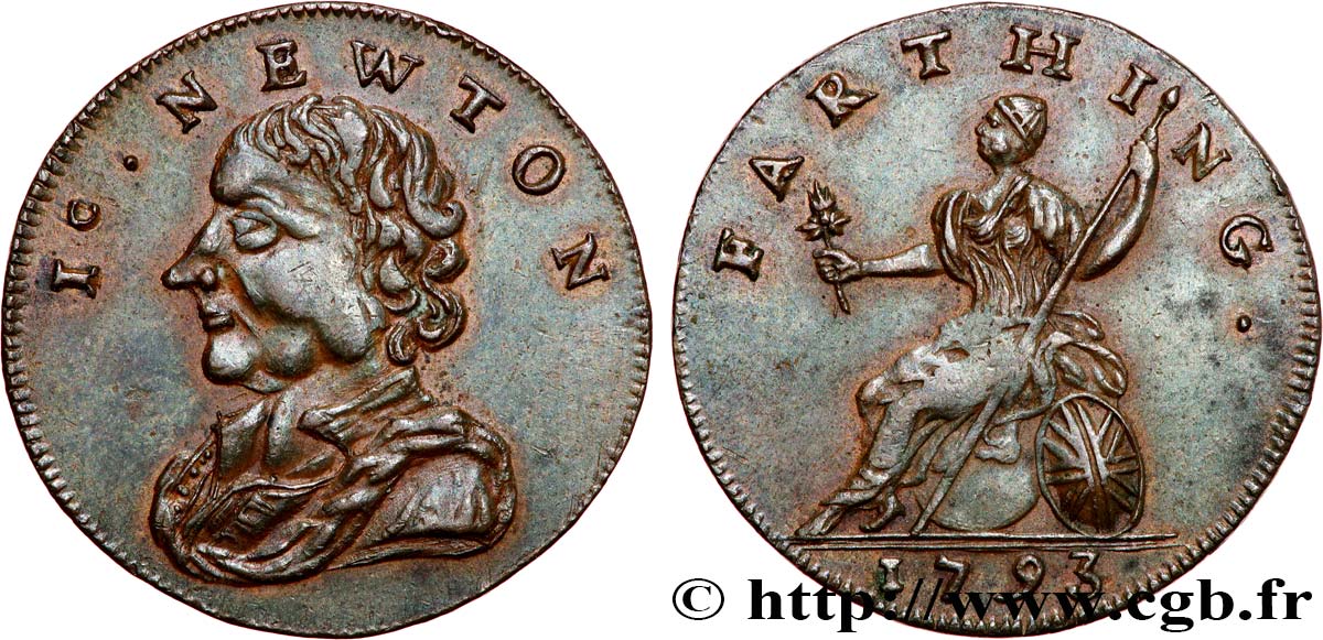 BRITISH TOKENS OR JETTONS 1 Farthing Isaac Newton  1793  AU 
