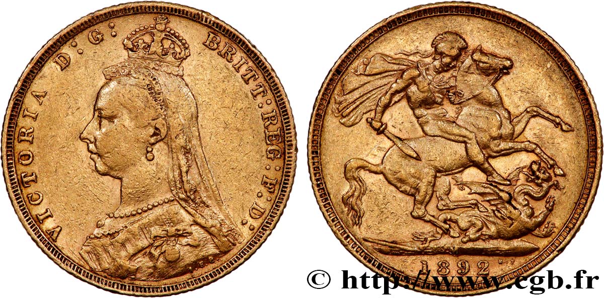 INVESTMENT GOLD 1 Souverain Victoria buste du jubilé 1892 Melbourne VF/XF 