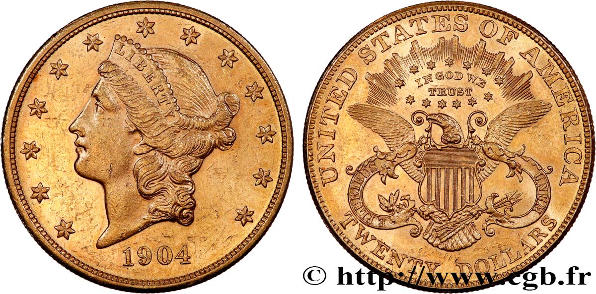 OR, PALLADIUM ET PLATINE INVESTISSEMENT 20 Dollars  Liberty  1904 Philadelphie TTB 