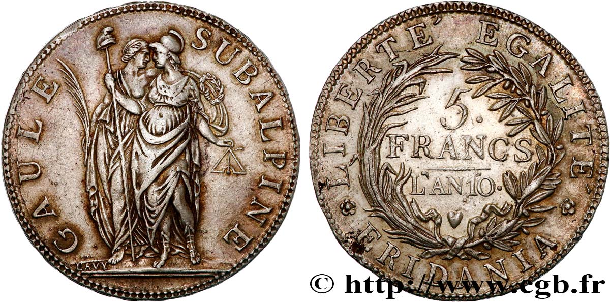 ITALIA - GALLIA SUBALPINA 5 Francs an 10 1802 Turin MBC+ 