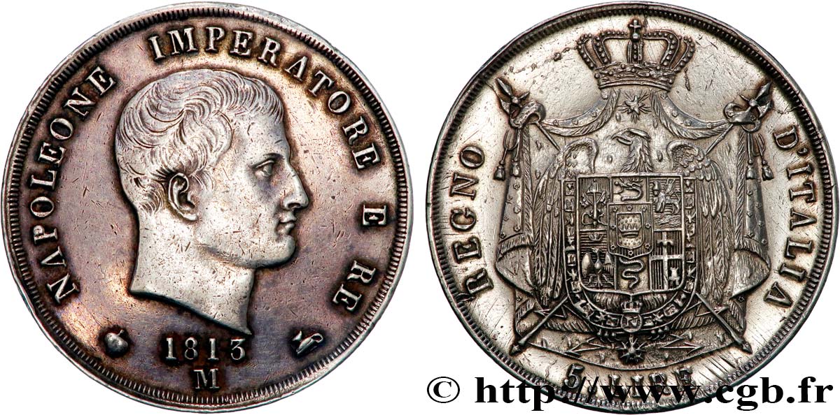 ITALY - KINGDOM OF ITALY - NAPOLEON I 5 Lire 1813 Milan XF/AU 