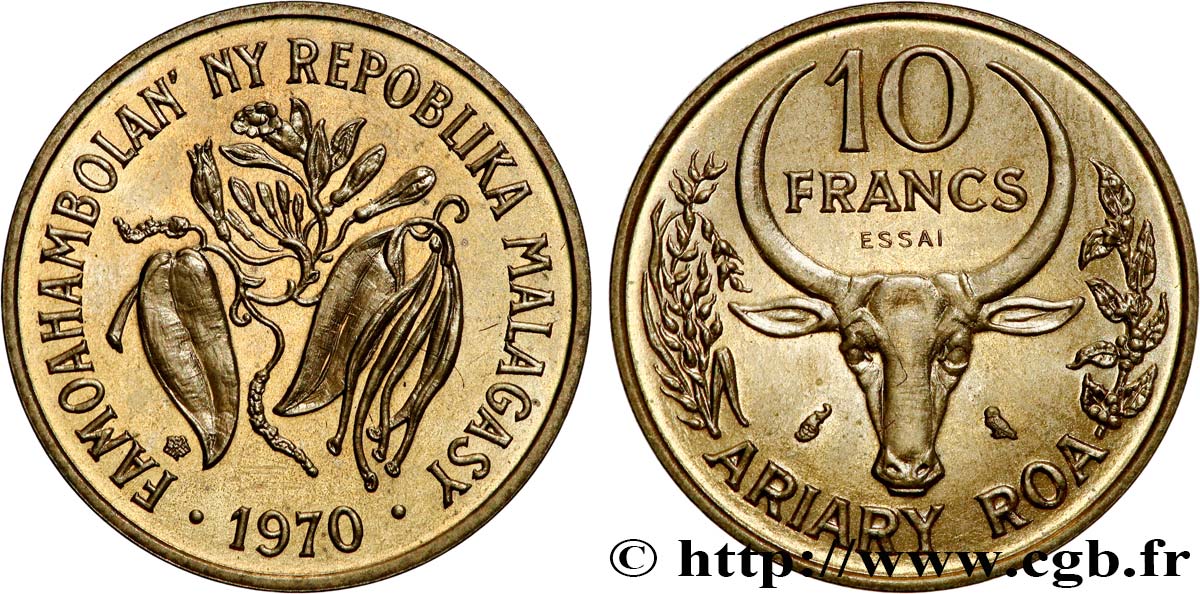 MADAGASCAR Essai de 10 Francs - 2 Ariary  1970 Paris SPL 