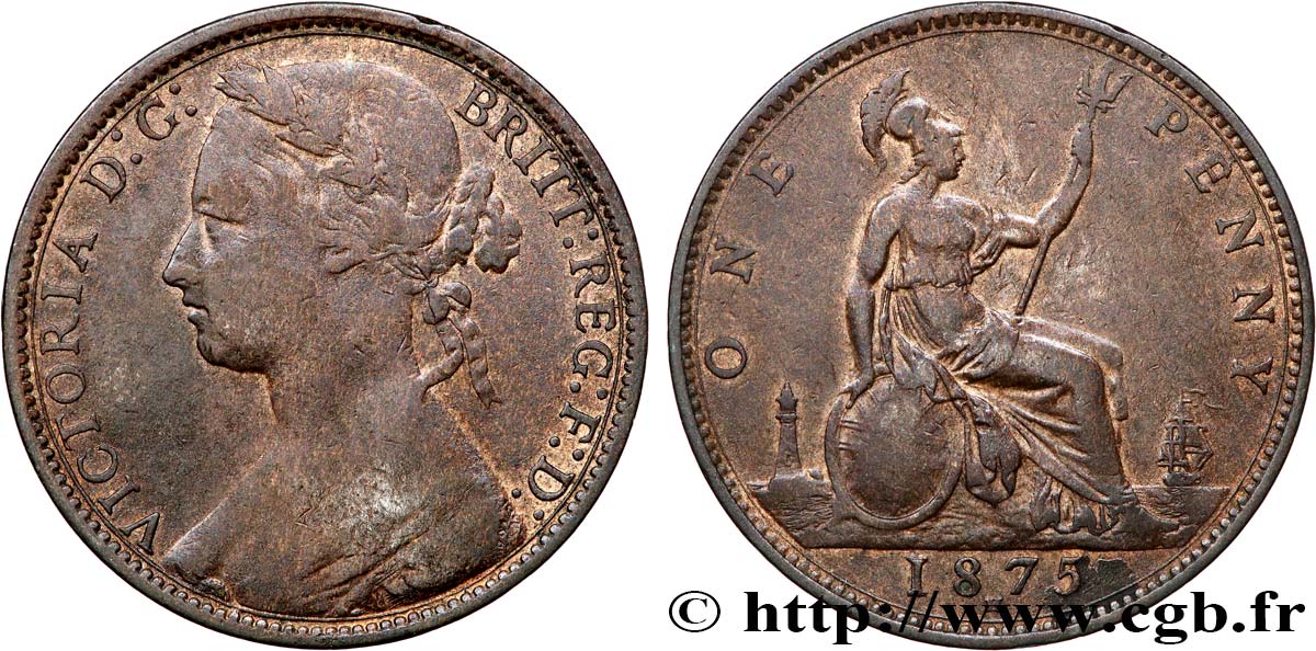 ROYAUME-UNI 1 Penny Victoria “Bun Head” 1874 Heaton TTB 