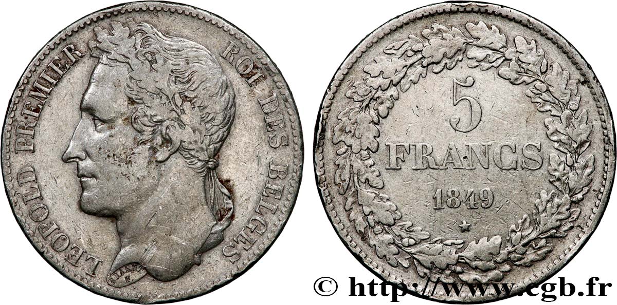 BELGIQUE 5 Francs Léopold Ier tête laurée 1849  TB+ 