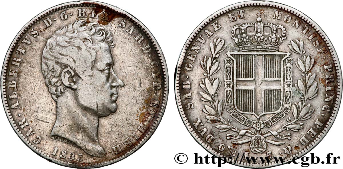 ITALIA - REINO DE CERDEÑA 5 Lire Charles Albert 1835 Gênes BC+ 