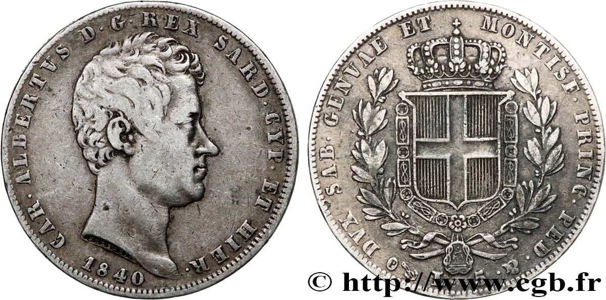 ITALY - KINGDOM OF SARDINIA 5 Lire Charles Albert 1840 Gênes VF 