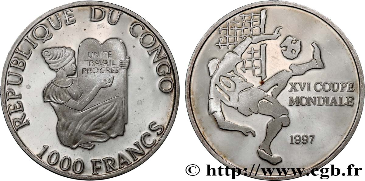 CONGO (RÉPUBLIQUE) 1000 Francs Proof XVI Coupe du Monde de Football 1998 1999  FDC 