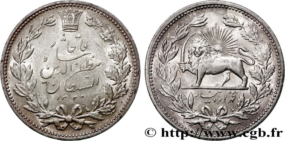 IRAN 5000 Dinars (5 Kran) frappe pour Muzaffar al-Din Shah AH 1320 (1902)  SUP 