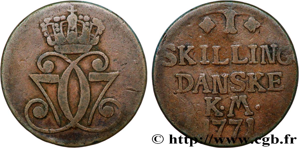 DANEMARK 1 Skilling Christian VII 1771 Copenhague TB+ 