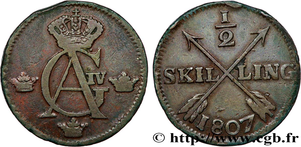 SWEDEN 1/2 Skilling monograme du roi Gustave IV Adolphe 1807  XF 