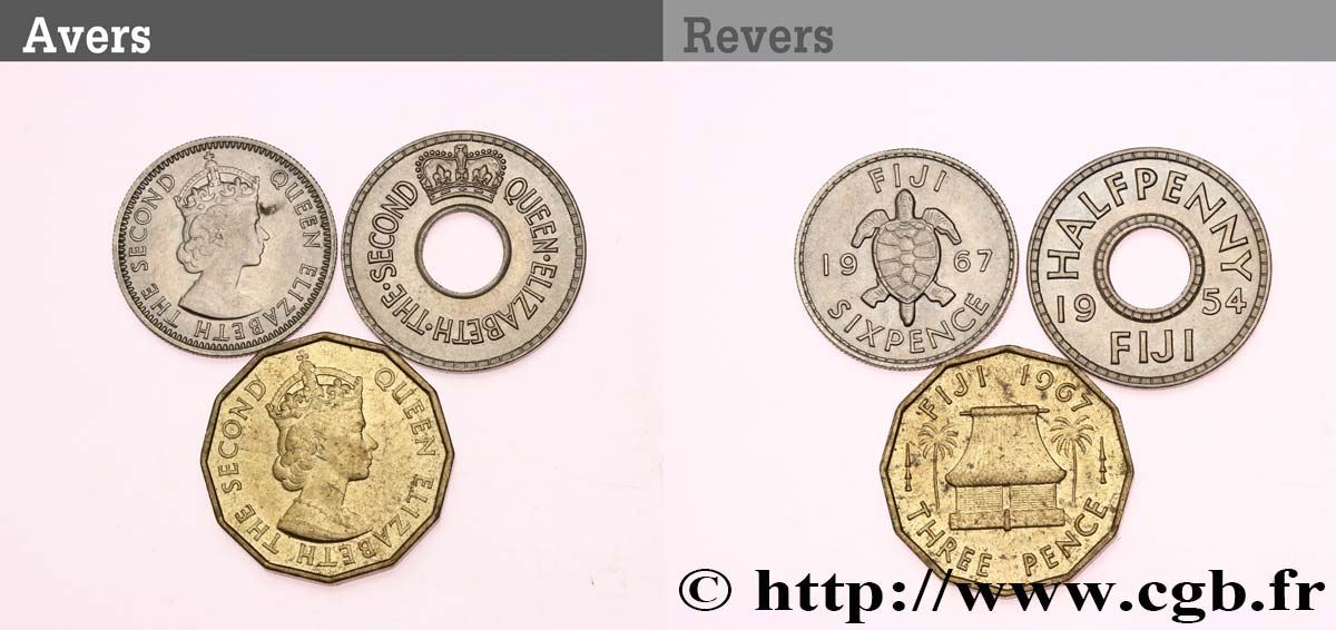 FIJI Lot de 3 monnaies 1954-1967  AU 