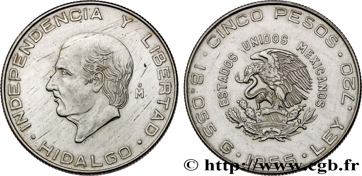MESSICO 5 Pesos Miguel Hidalgo y Costilla / aigle 1955 Mexico SPL 
