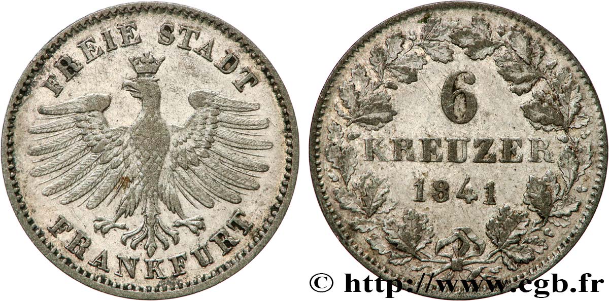 ALEMANIA - CIUDAD LIBRE DE FRáNCFORT 6 Kreuzer Ville libre de Francfort :  aigle 1841 Francfort MBC+ 