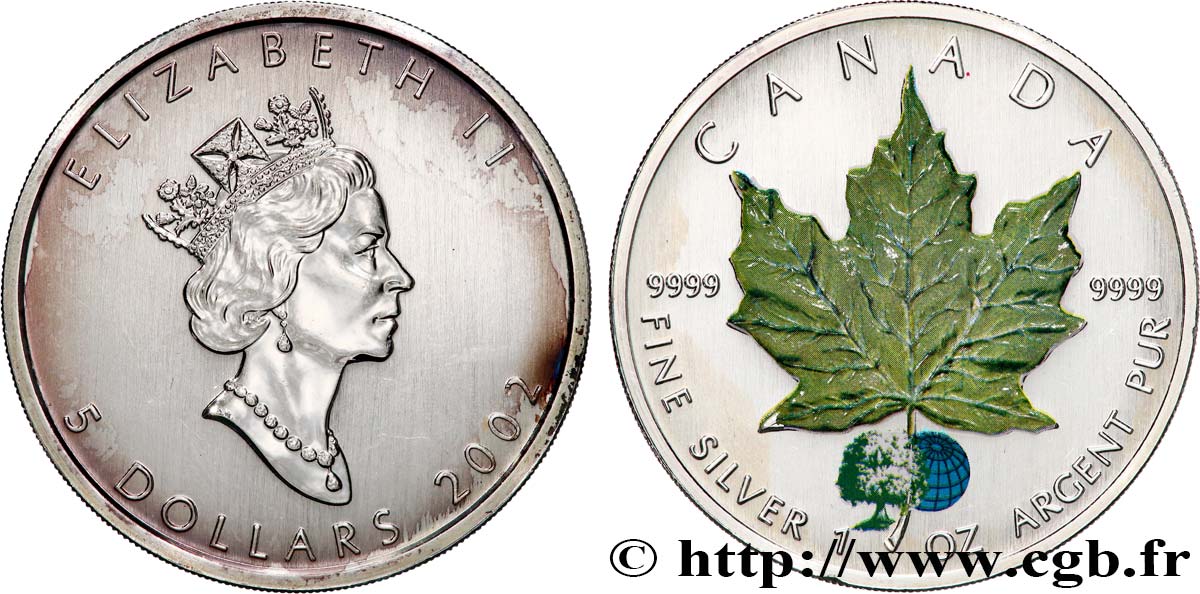 CANADá
 5 Dollars (1 once) feuille d’érable colorisée 2002  SC 