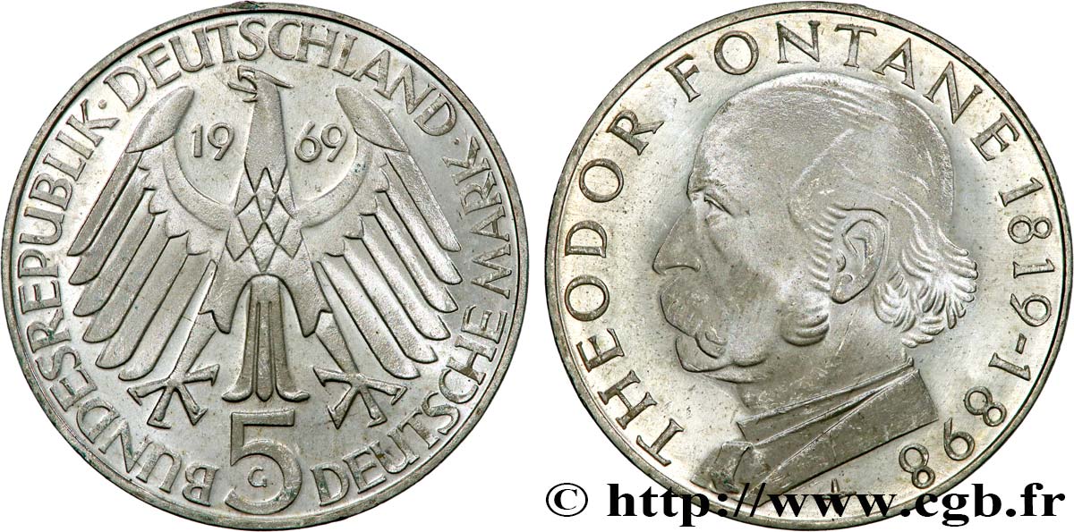 GERMANY 5 Mark Proof Théodor Fontane 1969 Karlsruhe MS 