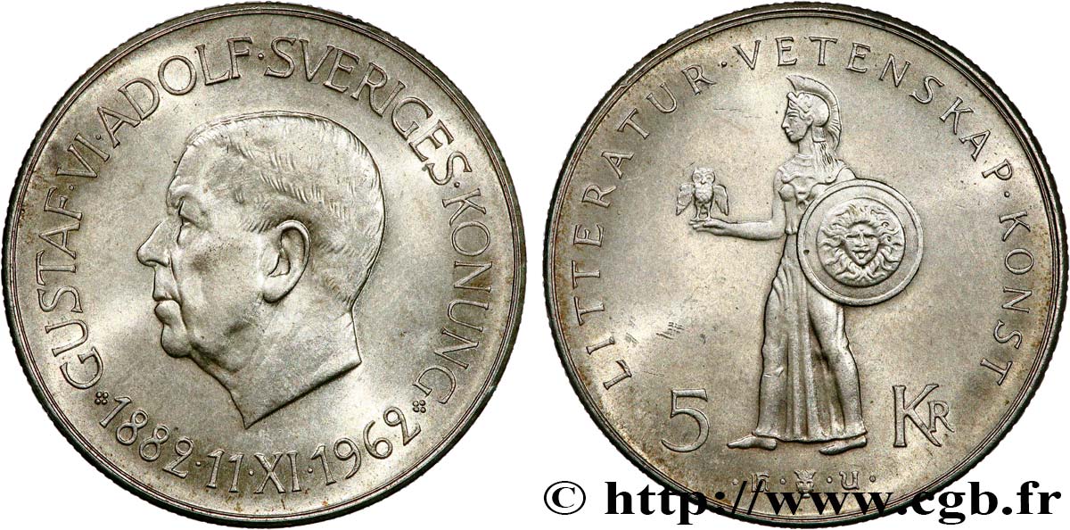 SWEDEN 5 Kronor 80ème anniversaire de Gustave VI Adolf 1962  AU 