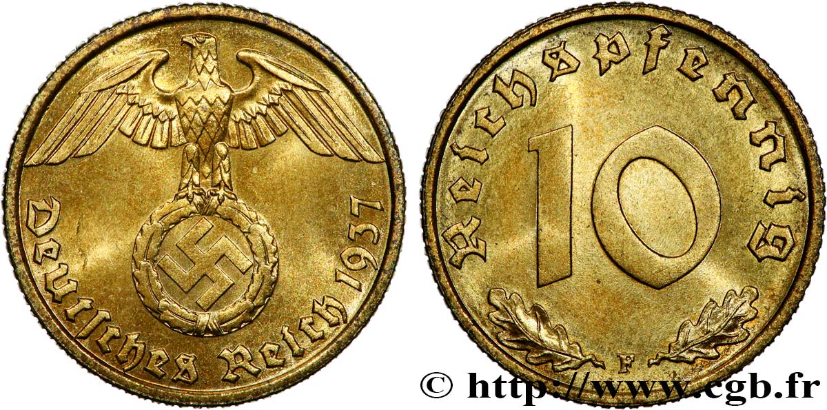 ALEMANIA 10 Reichspfennig aigle surmontant une swastika 1937 Stuttgart - F MBC+ 