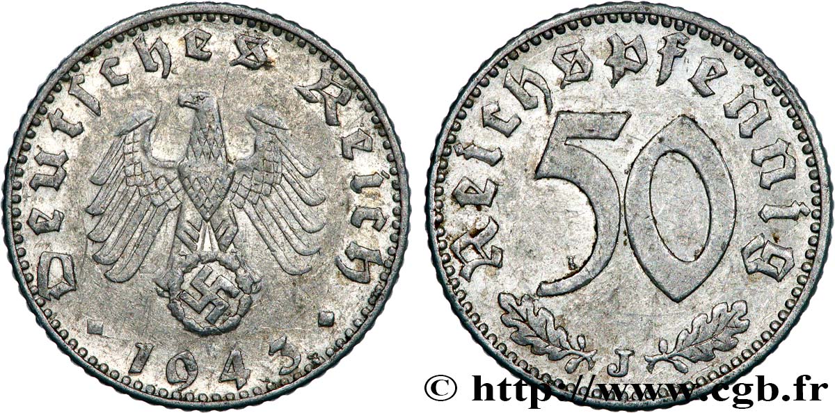 GERMANY 50 Reichspfennig aigle héraldique  sur swastika 1943 Hambourg - J XF 