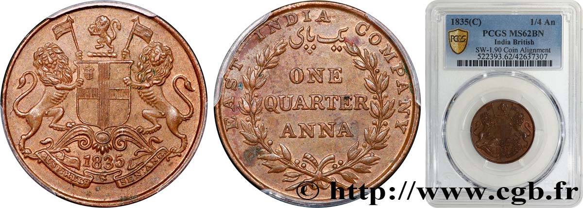 INDES BRITANNIQUES 1/4 Anna East India Company 1835 Calcutta SUP62 PCGS