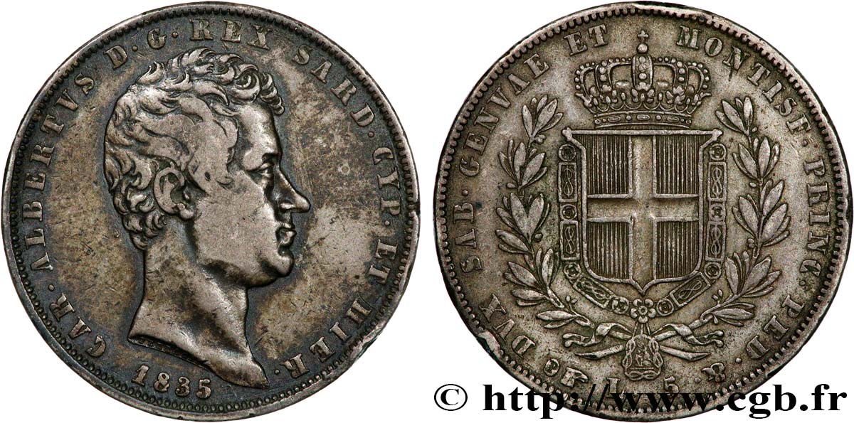 ITALIA - REINO DE CERDEÑA  - CARLO ALBERTO 5 Lire  1835 Turin BC+ 