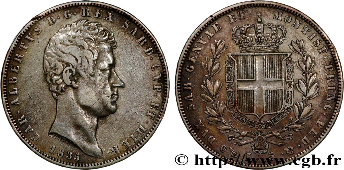 ITALY - KINGDOM OF SARDINIA 5 Lire Charles Albert 1835 Gênes VF/XF 