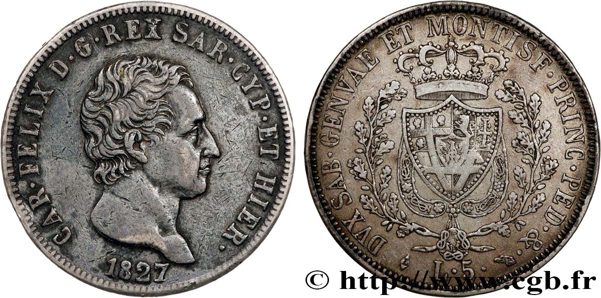 ITALIEN - KÖNIGREICH SARDINIEN 5 Lire Charles-Félix 1827 Turin SS 