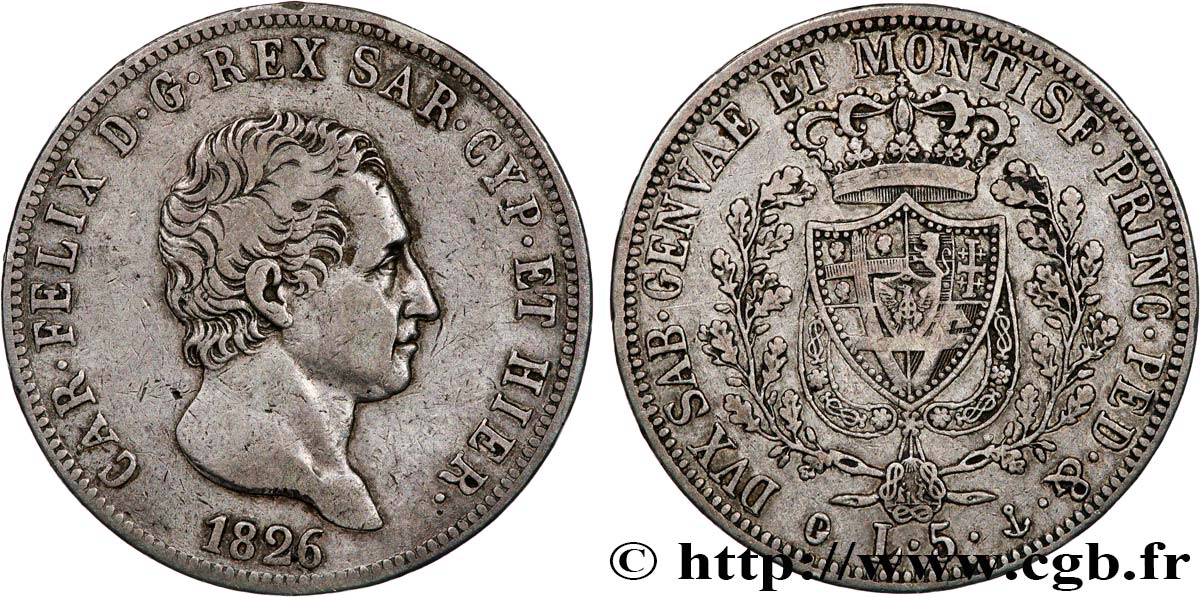 ITALIA - REGNO DE SARDINIA 5 Lire Charles-Félix 1826 Gênes q.BB 