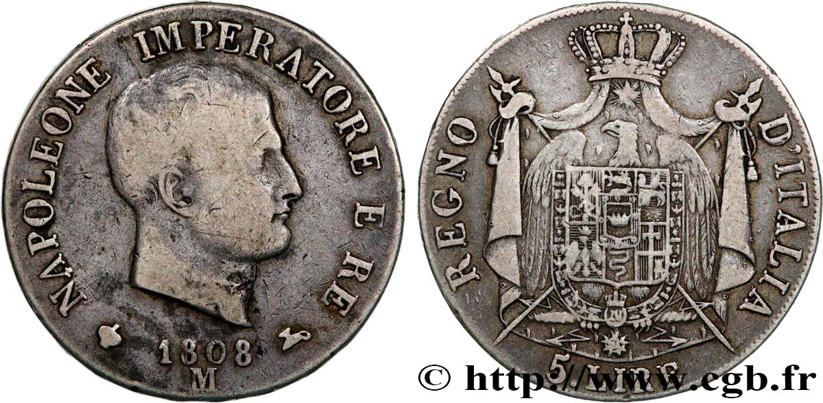 ITALY - KINGDOM OF ITALY - NAPOLEON I 5 Lire 1808 Milan VF/VF 