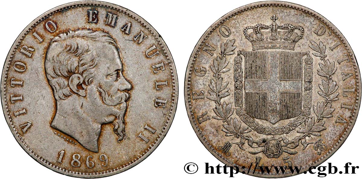 ITALIA 5 Lire Victor Emmanuel II 1869 Milan BB 