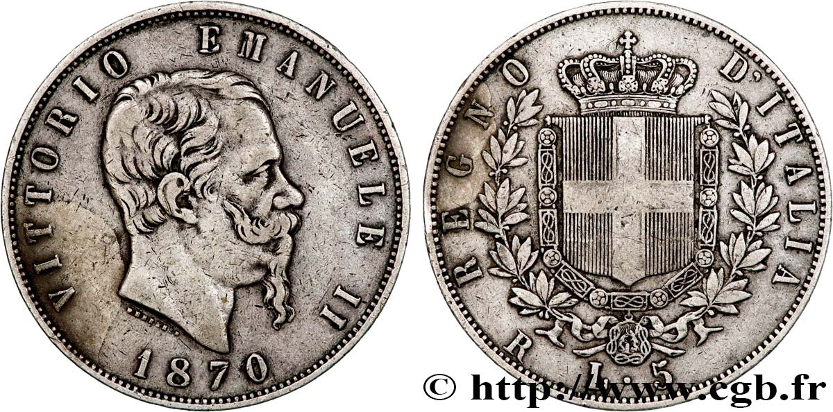 ITALY - KINGDOM OF ITALY - VICTOR-EMMANUEL II 5 Lire  1870 Rome XF 