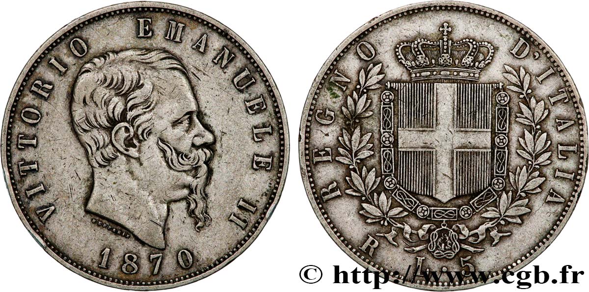 ITALIE - ROYAUME D ITALIE - VICTOR-EMMANUEL II 5 Lire  1870 Rome TTB 