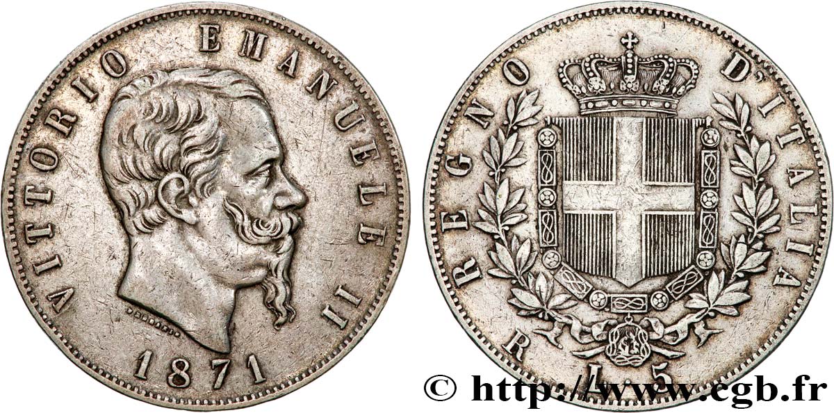ITALY - KINGDOM OF ITALY - VICTOR-EMMANUEL II 5 Lire 1871 Rome AU 