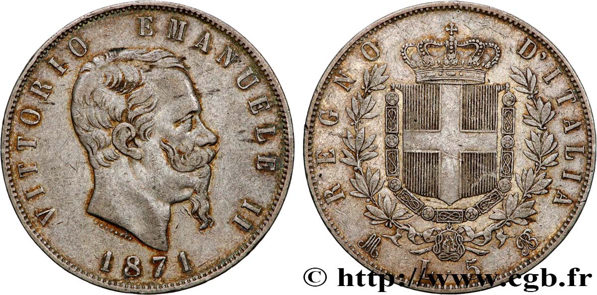 ITALIE 5 Lire Victor Emmanuel II 1871 Milan TTB 