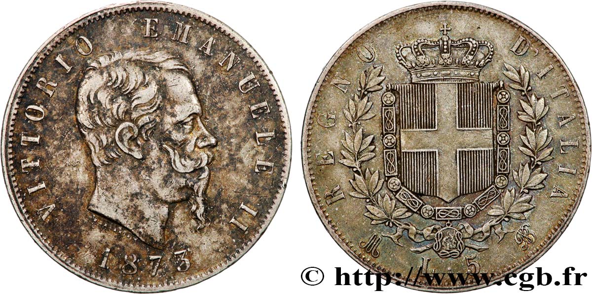 ITALIE 5 Lire Victor Emmanuel II 1873 Milan TTB 