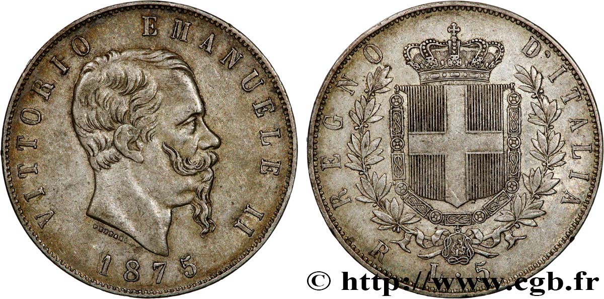 ITALIA 5 Lire Victor Emmanuel II 1875 Rome  MBC 