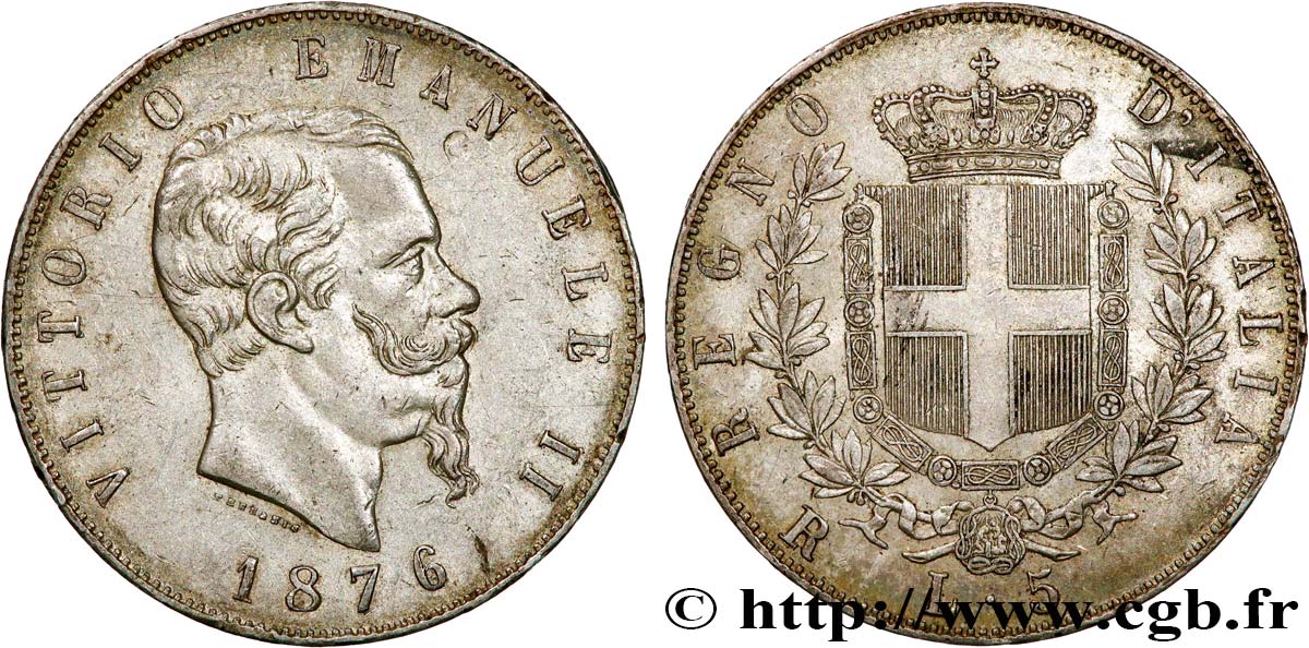 ITALIA 5 Lire Victor Emmanuel II 1876 Rome BB 