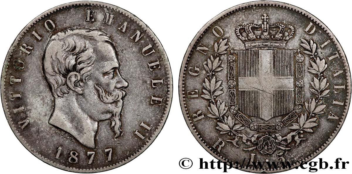ITALIE 5 Lire Victor Emmanuel II 1877 Rome TTB 