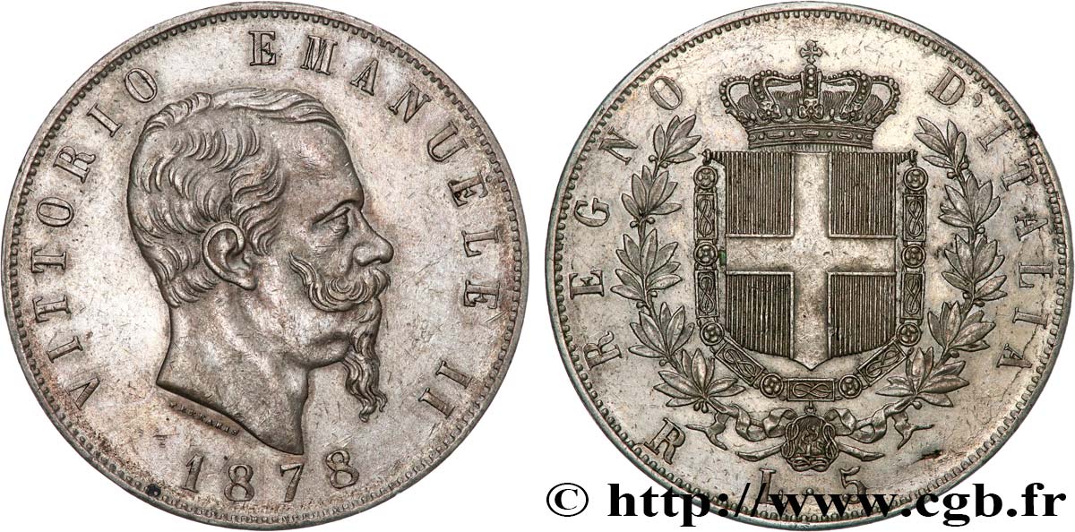 ITALY 5 Lire Victor Emmanuel II 1878 Rome AU 