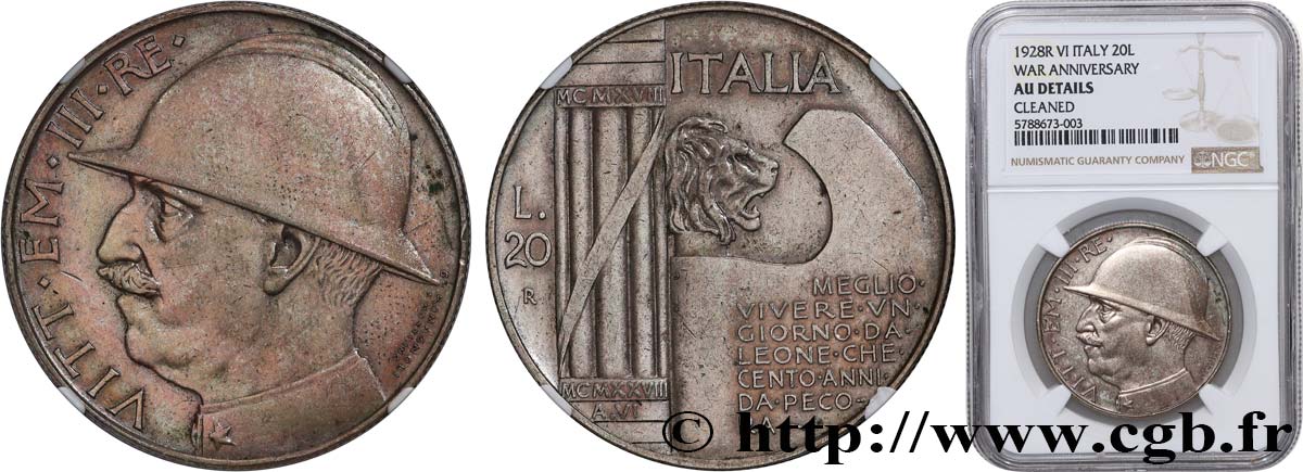ITALIE - ROYAUME D ITALIE - VICTOR-EMMANUEL III 20 Lire, 10e anniversaire de la fin de la Première Guerre mondiale 1928 Rome SUP NGC