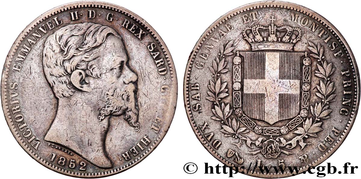 ITALIA - REGNO DI SARDEGNA - VITTORIO EMANUELE II 5 Lire  1852 Gênes q.BB 