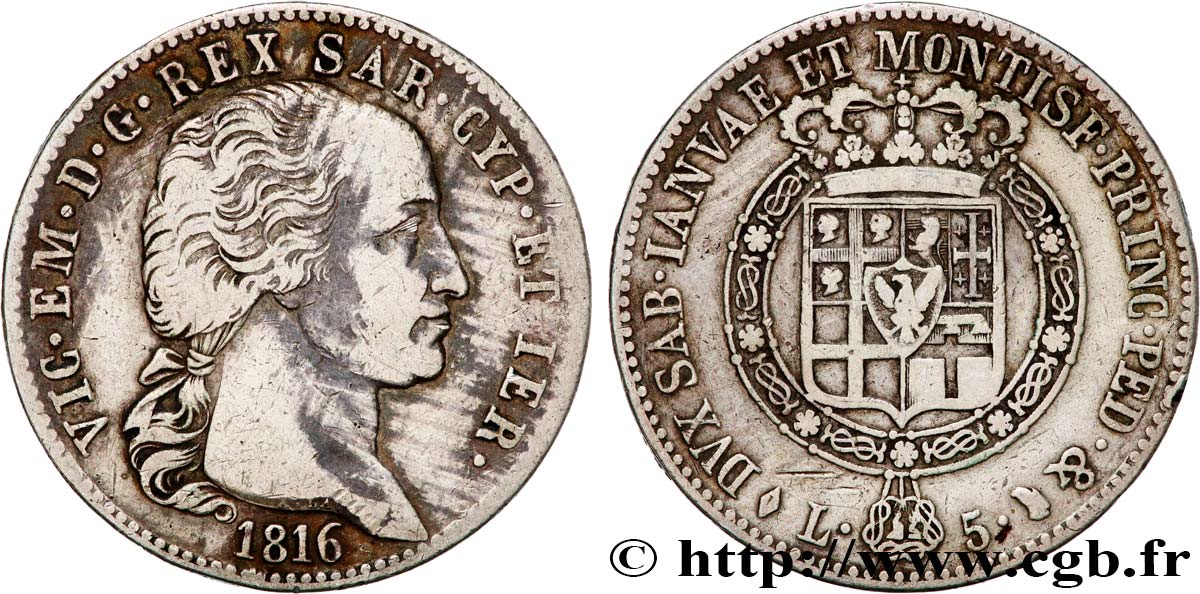 ITALY - KINGDOM OF SARDINIA - VICTOR-EMMANUEL I 5 Lire  1816 Turin VF 