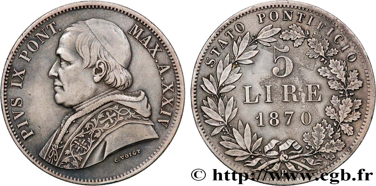ITALIE - ÉTATS DU PAPE - PIE IX (Jean-Marie Mastai Ferretti) 5 Lire Pie IX an XXIV 1870 Rome TTB+ 