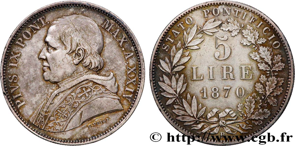 ITALIE - ÉTATS DU PAPE - PIE IX (Jean-Marie Mastai Ferretti) 5 Lire an XXIV 1870 Rome TTB+ 