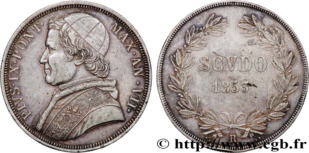 ITALY - PAPAL STATES - PIUS IX (Giovanni Maria Mastai Ferretti) 1 Scudo an VIII 1853 Rome AU 