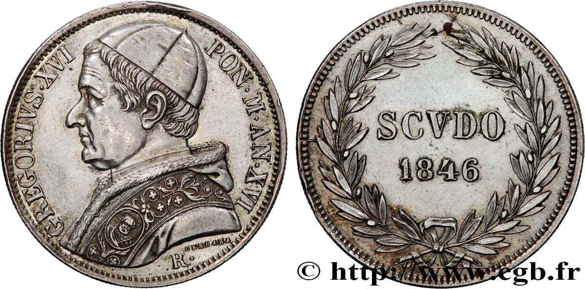 ITALY - PAPAL STATES - GREGORY XVI (Bartolomeo Alberto Cappellari) Scudo an XVI 1846 Rome AU 