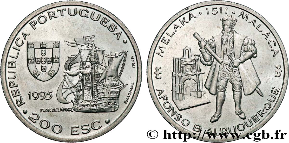 PORTOGALLO 200 Escudos Alfonso de Albuquerque, Malacca 1511 1995  MS 