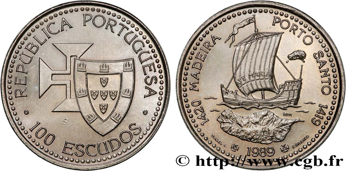 PORTUGAL 100 Escudos Découvertes Portugaises de Madère 1420 et Porto Santo 1419 1989  MS 