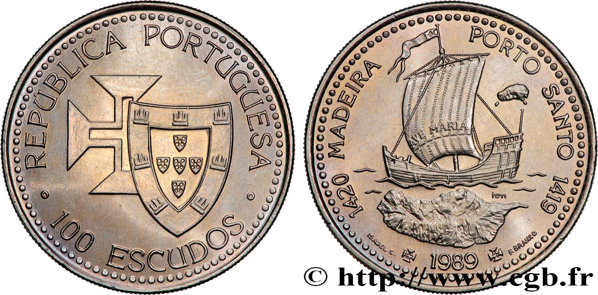 PORTUGAL 100 Escudos Découvertes Portugaises de Madère 1420 et Porto Santo 1419 1989  fST 